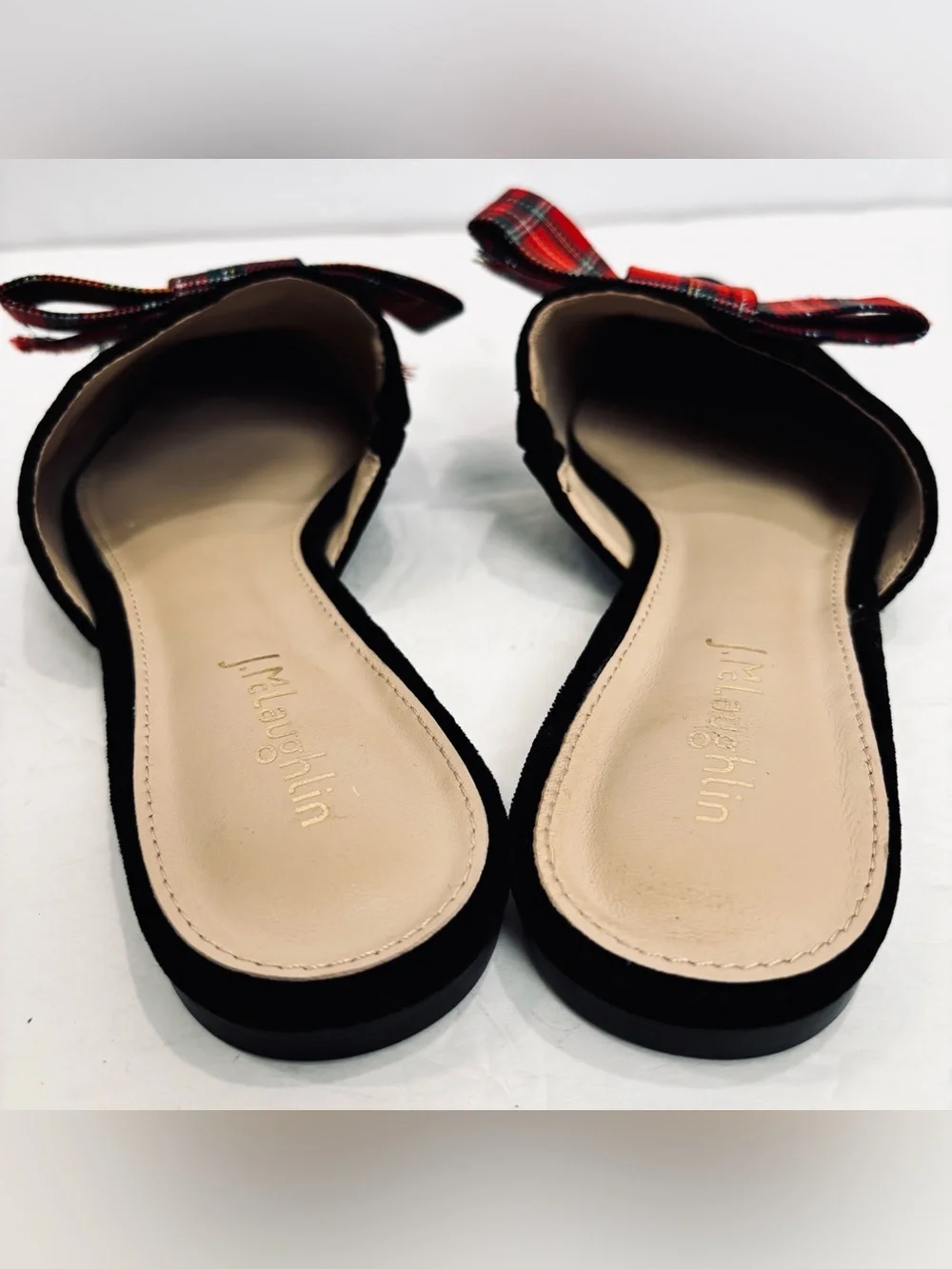 J Mclaughlin Lyon Flats Tartan Red Bow Pointed Toe Black Velvet Slide On Loafers